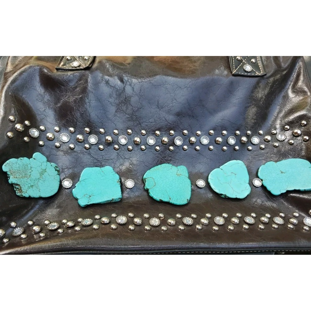 Country River Western Tote‎ Bag Brown Faux Leather Turquoise Studded Star purse - Picture 3 of 10